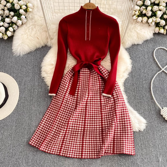 long-sleeved plaid A-line knitted dress     S3974