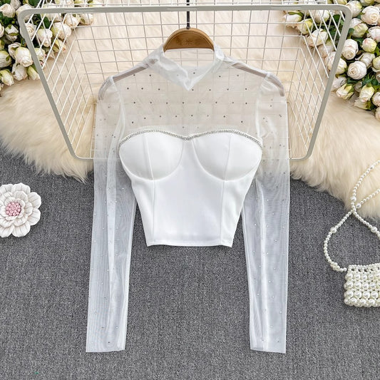 mesh beaded shirt for women fashionable and chic short top        S4249