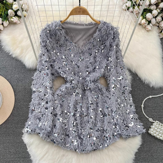 long-sleeved V-neck A-line sparkling sequined furry dress for women     S4336