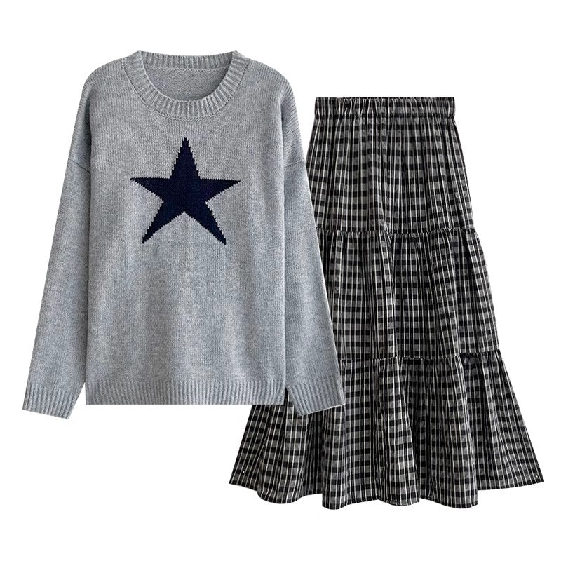 Soft round-neck star sweater plaid skirt suit   S4744