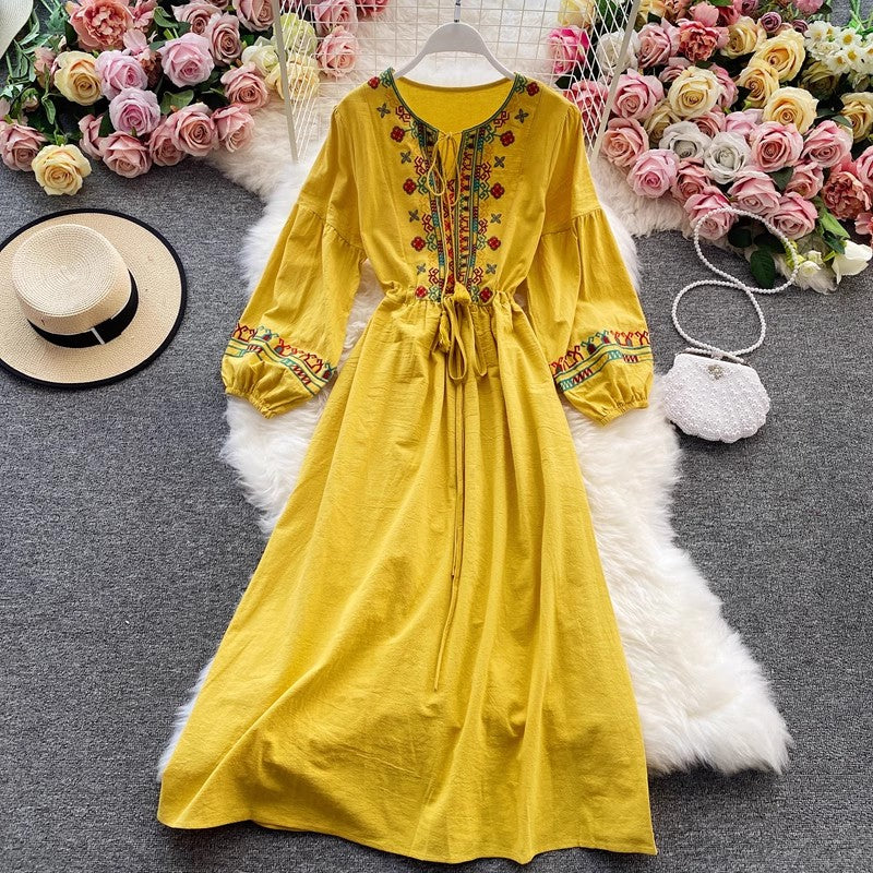 holiday dress women's bohemian beach dress embroidered lantern sleeve style long skirt    S3983