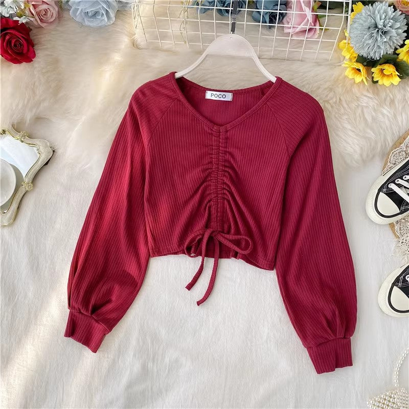 sexy short crop top design V-neck style long-sleeved T-shirt      S4129