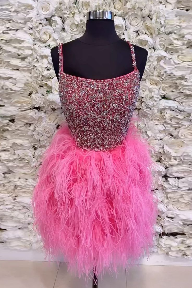 Lace-Up Hot Pink Beaded Feathers Short Homecoming Dress        S3049