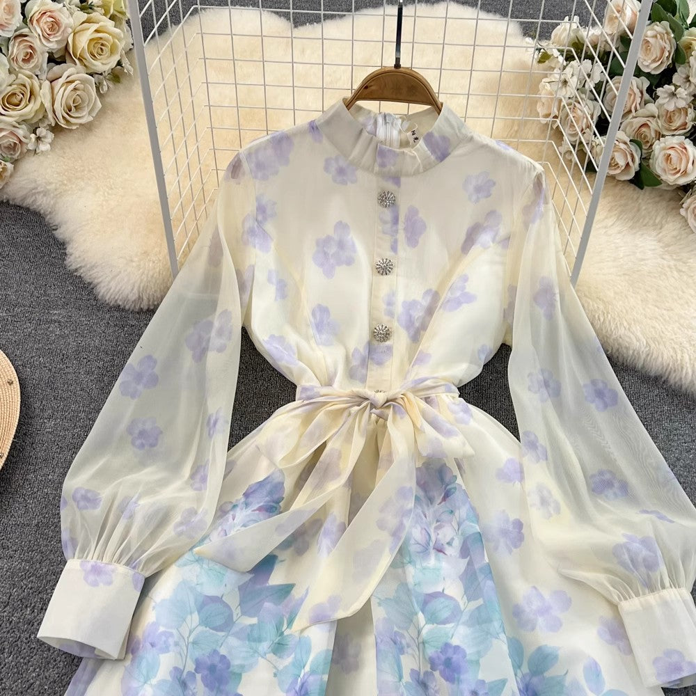 lantern long-sleeved A-line printed organza dress    S4229