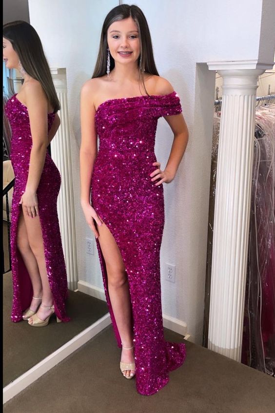 Fuchsia Sequin One-Shoulder Long Prom Dress with Slit      S3153