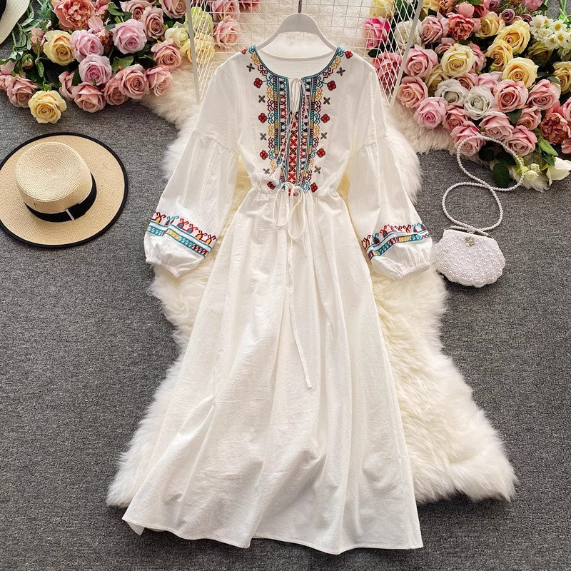 holiday dress women's bohemian beach dress embroidered lantern sleeve style long skirt    S3983