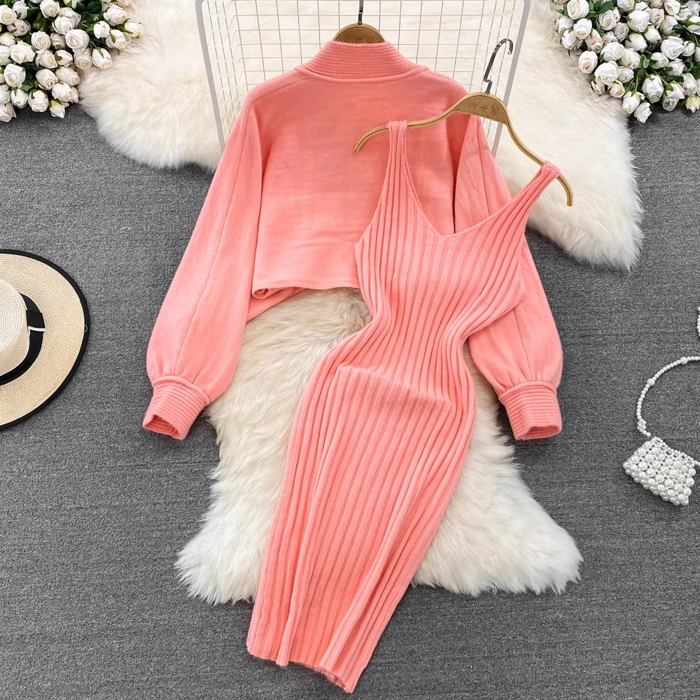 knitted shawl jacket two-piece set for women V-neck suspender dress       S4119