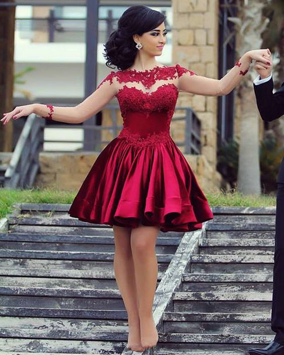 Short Ball Gown High Neckline with Long Sleeves Lace Dark Wine Red Backless Lace Prom Dress         S3213