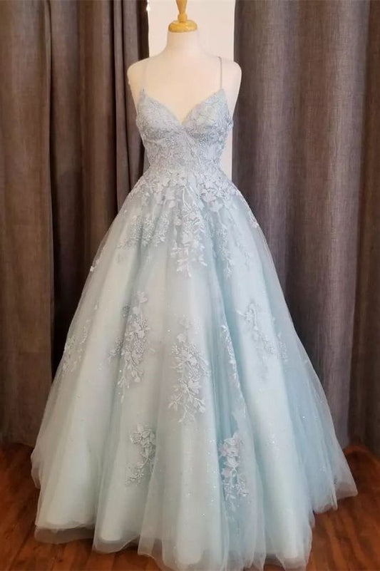 Light Blue Straps Appliques Tulle A-line Long Prom Dress        S3698