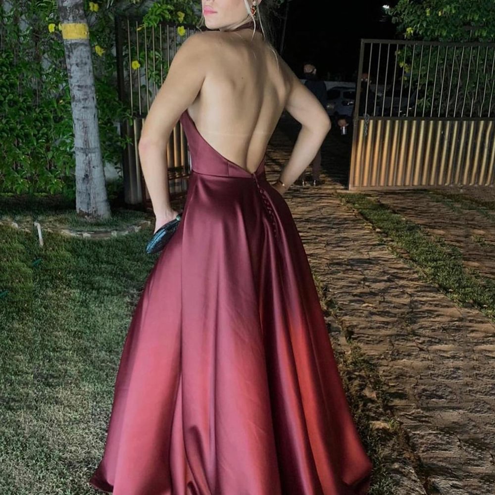 Backless Burgundy Long Satin Prom Dress High Slit O Neck Evening Dresses Chic Sleeveless Party Gown     S3626