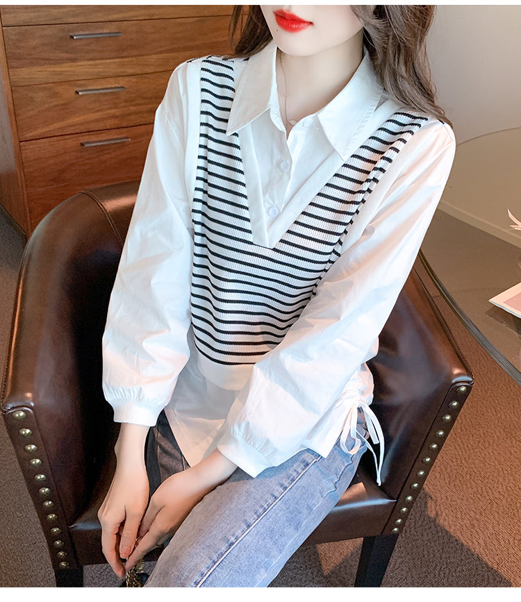 Striped stitching women's long-sleeved shirt women's two-piece top     S3422