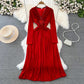 long-sleeved diamond-studded V-neck A-line dress elegant long skirt    S4089