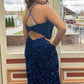 Blue Sequin Sweetheart Backless Long Prom Dress with Slit         S3838