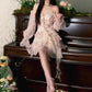 rose floral ribbon irregular hem long-sleeved dress    S3430