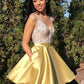A Line V Neck Short Yellow Beaded Prom Dresses, Short Yellow Beaded Formal Homecoming Dresses      S3088