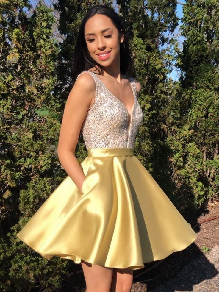 A Line V Neck Short Yellow Beaded Prom Dresses, Short Yellow Beaded Formal Homecoming Dresses      S3088