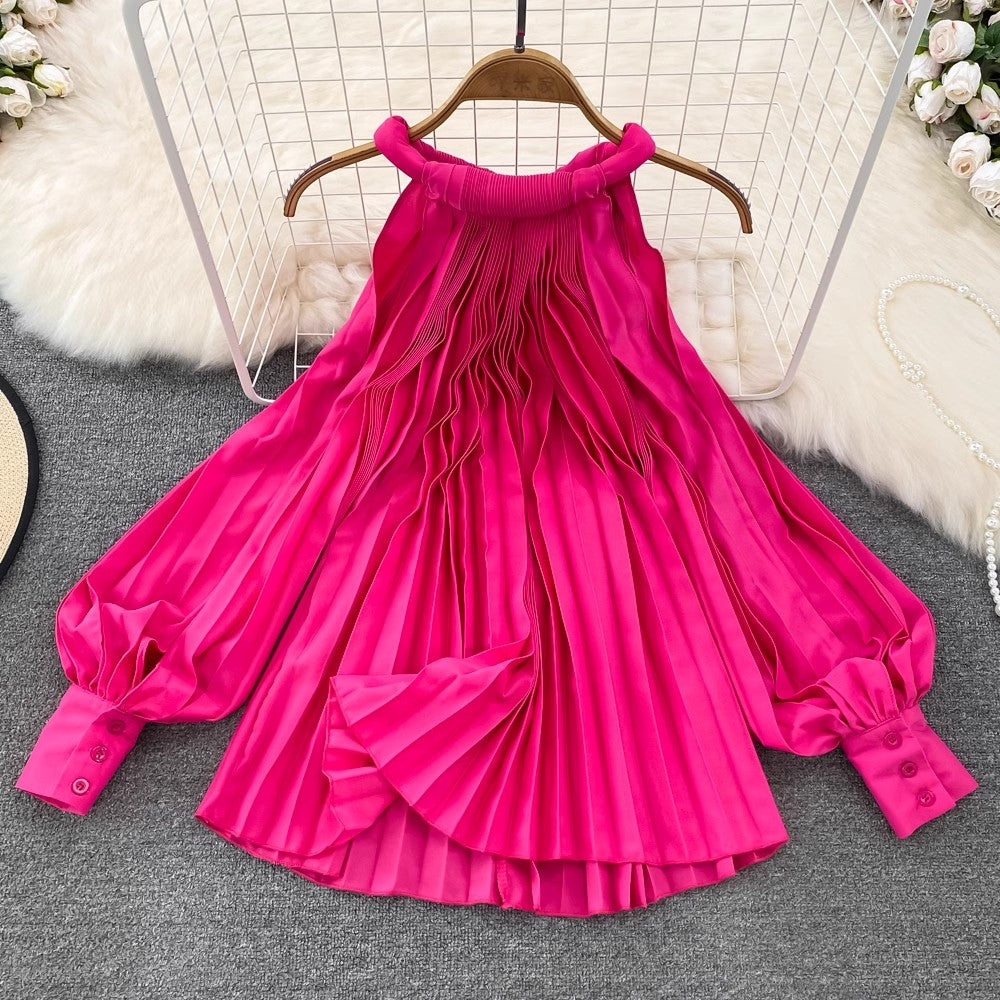 Round Neck Halter Neck Off-Shoulder Lantern Sleeve Pleated Shirt Women's Casual Top    S4125