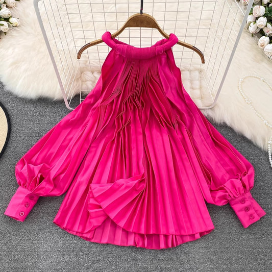 Round Neck Halter Neck Off-Shoulder Lantern Sleeve Pleated Shirt Women's Casual Top    S4125