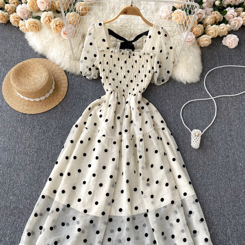 Vintage Square Neck Polka Dot Puff Sleeve Dress     S4458