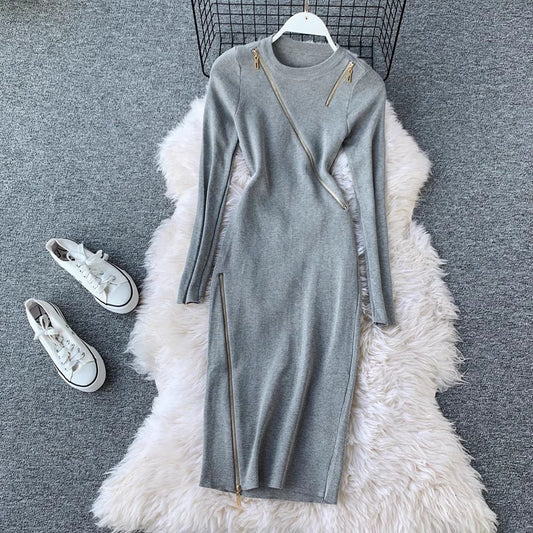 design knitted skirt round neck long sleeves irregular zipper solid color dress for women      S4237