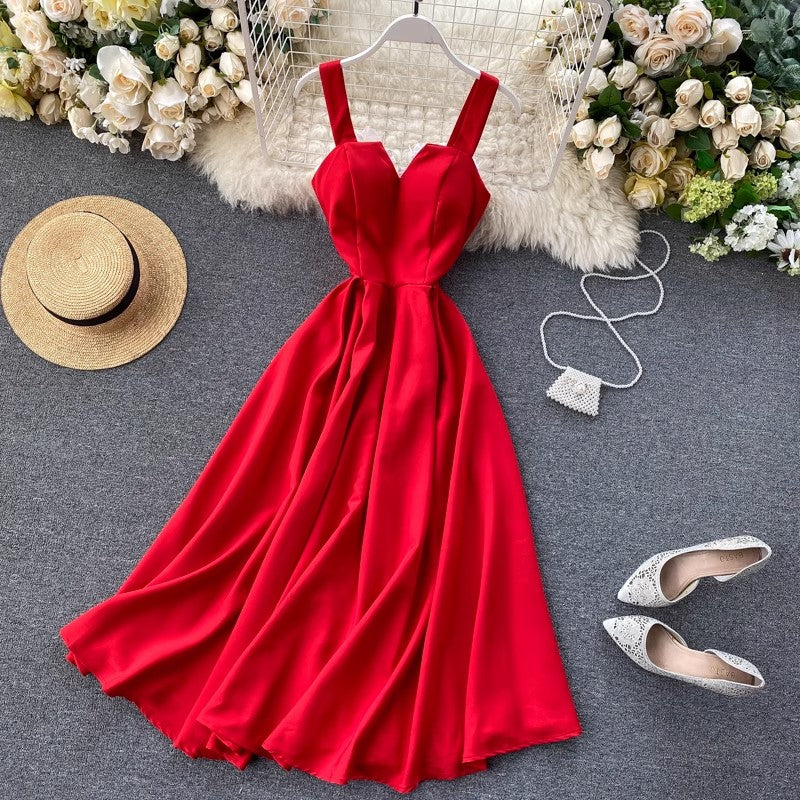 New design V-neck backless solid color long skirt women's dress    S4564