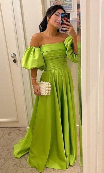 Sexy Off Shoulder Puff Sleeve Prom Gown,Green Satin Long Formal Evening Dresses        S3728