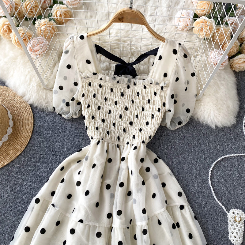 Vintage Square Neck Polka Dot Puff Sleeve Dress     S4458