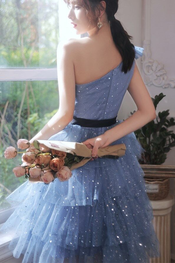 One Shoulder Princess Blue Short Party Dress       S3234