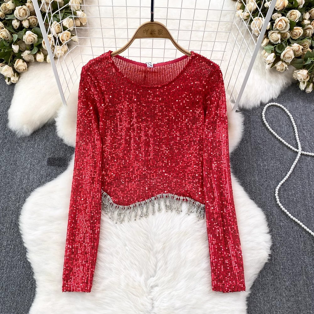 Fashionable sexy long-sleeved round neck sequins tassel T-shirt women's fashionable short top        S4217