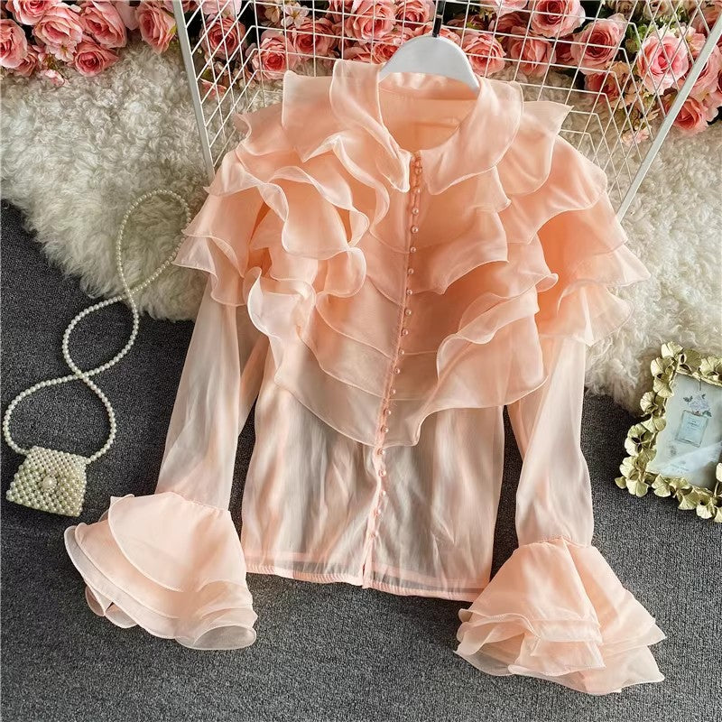 new style layered ruffled organza shirt for women see-through top with bell sleeves      S4234