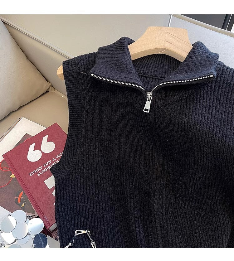 Retro stand-up collar knitted vest for women new design simple zipper sweater vest trendy      S5006