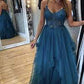 Long Prom Dresses A Line Blue Tulle Lace Appliques Formal Evening Dresses      S4052