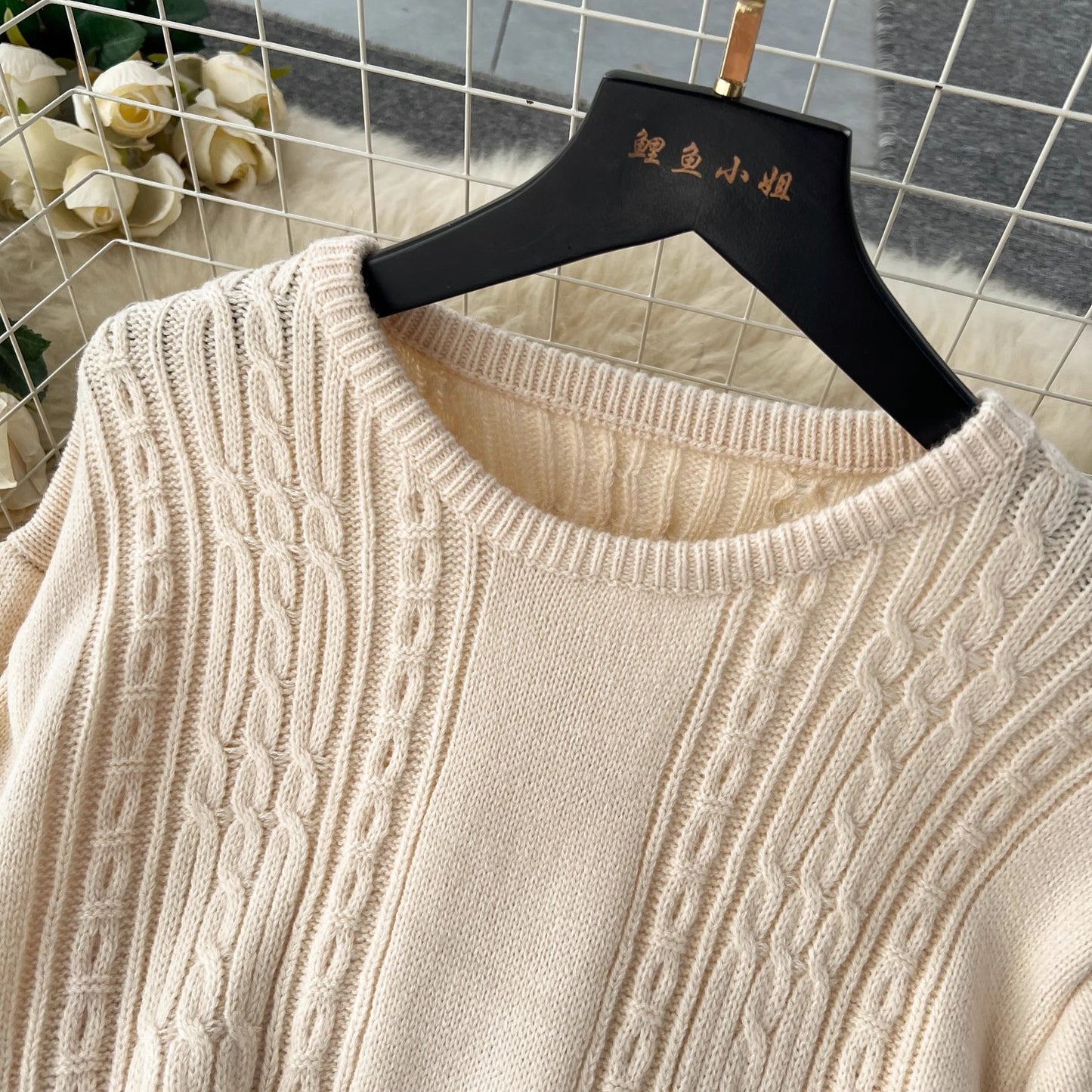 sweater round nec mid-length puff sleeve knitted dress     S4507