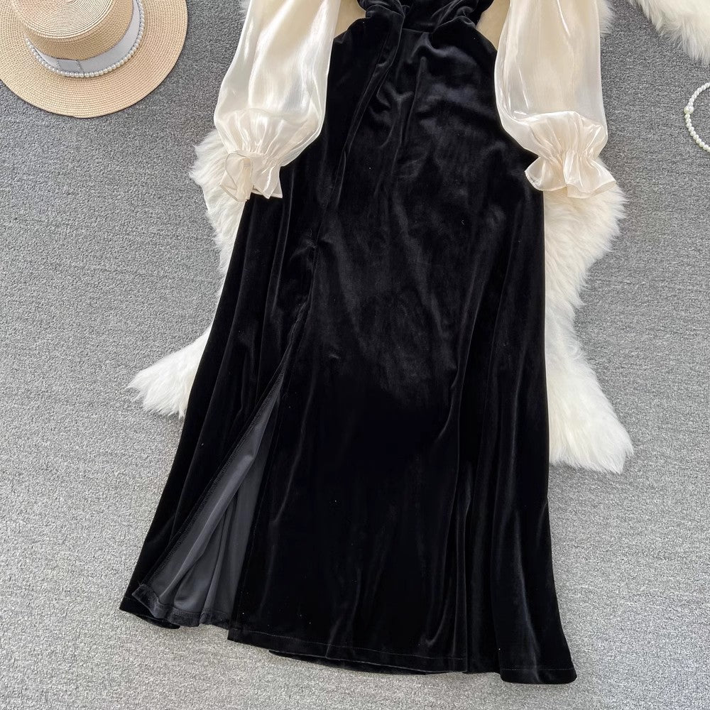 elegant long-sleeved ruffle velvet suspender dress     S4168