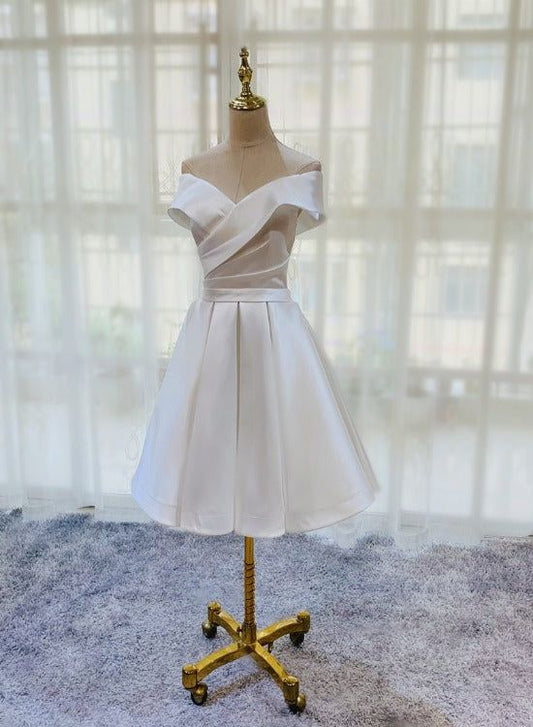 White Simple Satin Off Shoulder Knee Length Party Dress, Graduation Dress Prom Dress      S2759