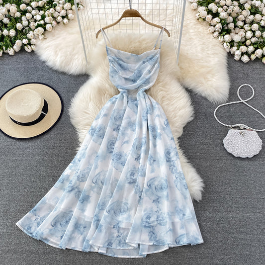 floral suspender skirt long skirt chiffon dress     S4134