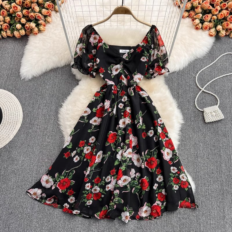 mid-length V-neck floral chiffon dress     S4430