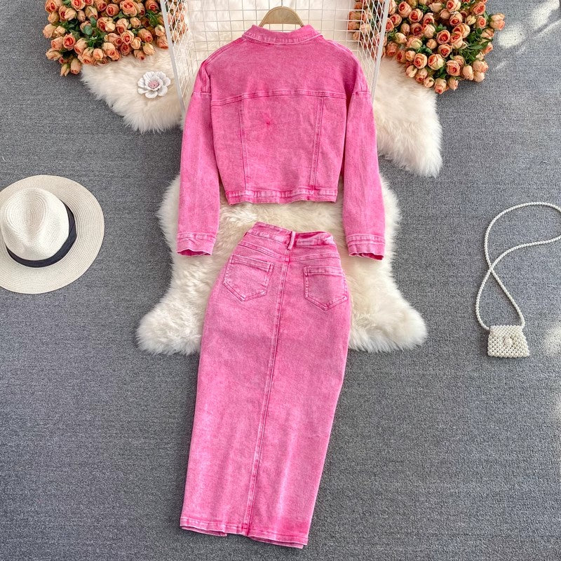 Pink denim jacket short women's jacket top two-piece suit mid-length skirt        S4220