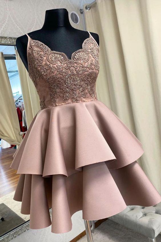 Cute Satin Layers Short Prom Dress Homecoming Dress, V-neckline Prom Dress     S3112