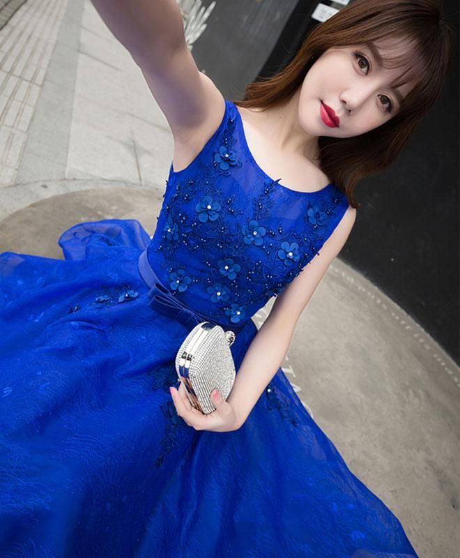 Royal blue lace A line short prom dress,evening dress    S3338