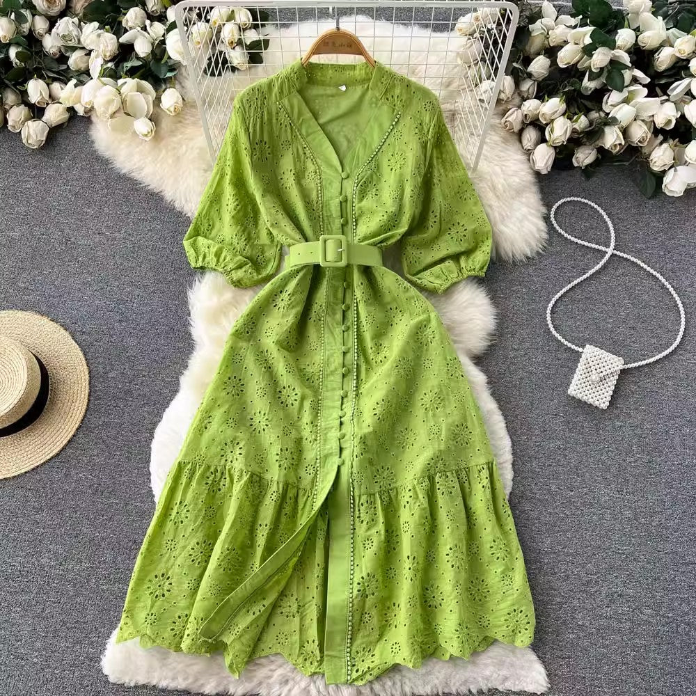 V-neck dress women's puff sleeves ruffle long skirt   S4560