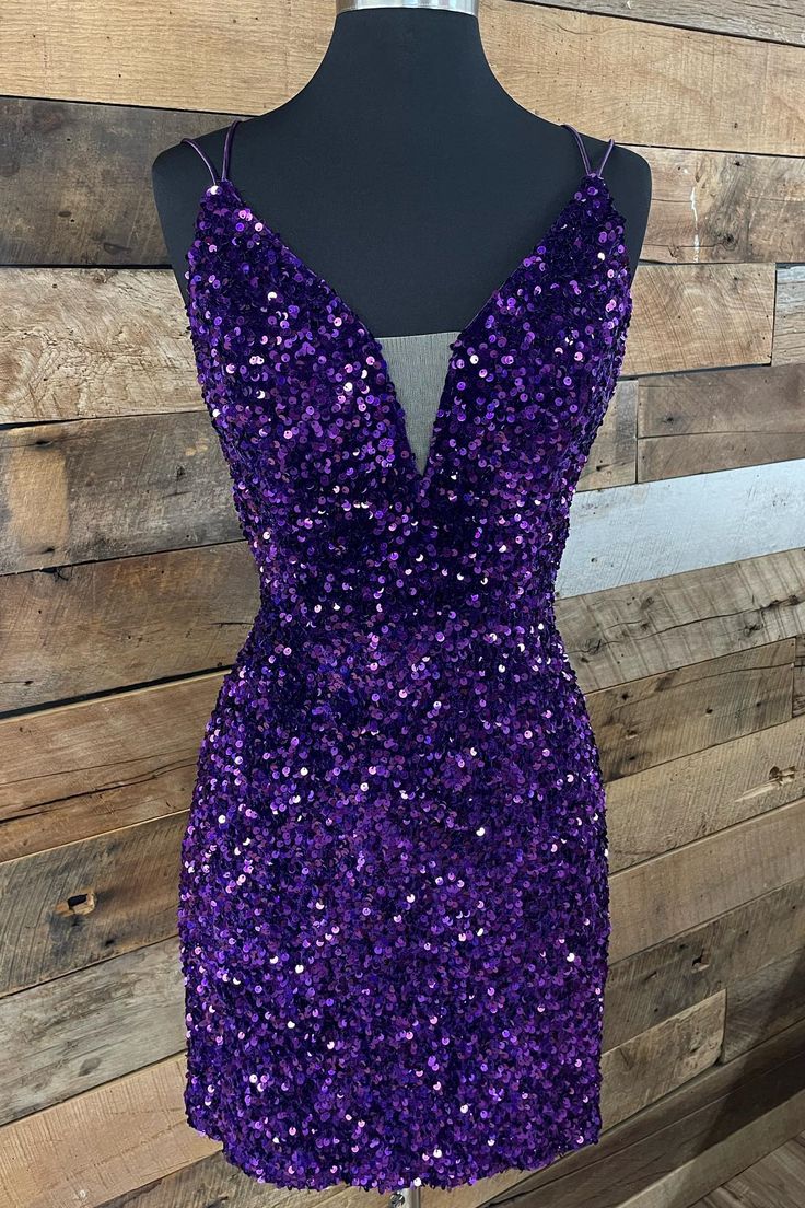 Purple Sequin Straps Tight Mini Party Dress         S3672