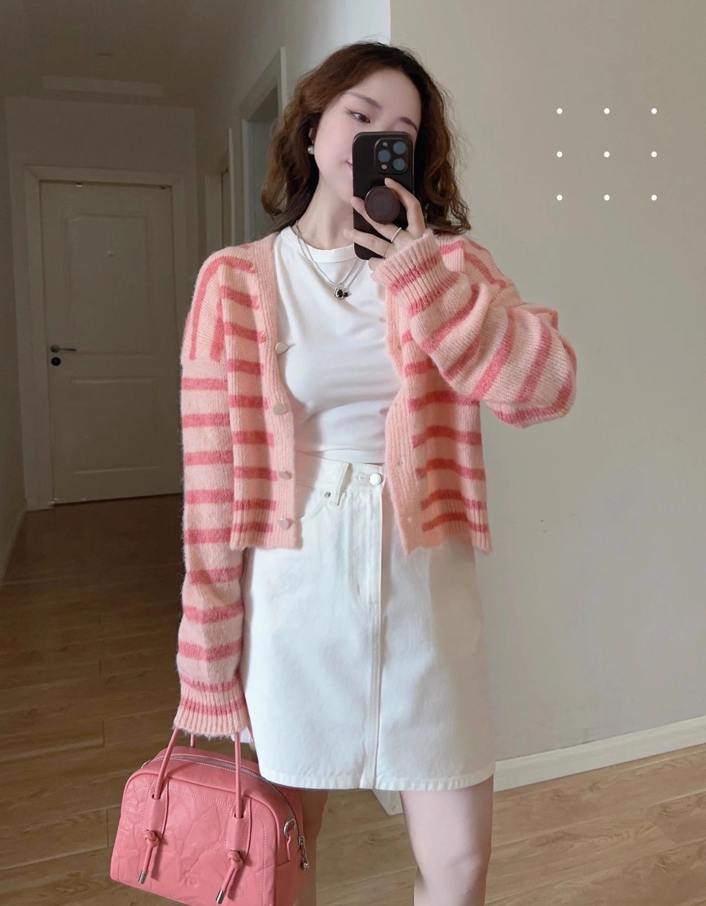 V-neck pink striped knitted cardigan jacket women's spring and autumn new sweater    S3385