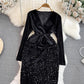 Fashionable long-sleeved V-neck mid-length velvet sequin dress      S3956