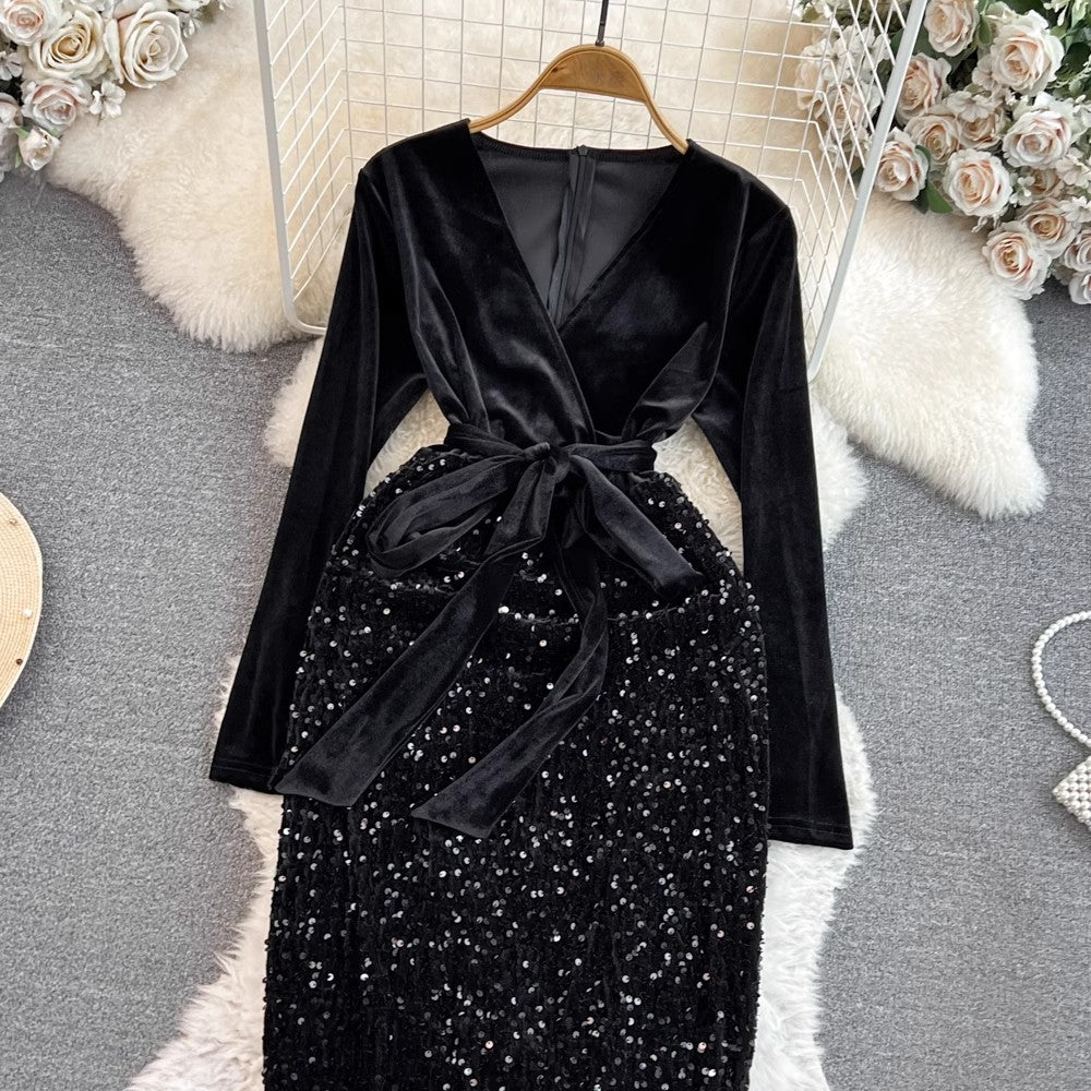 Fashionable long-sleeved V-neck mid-length velvet sequin dress      S3956