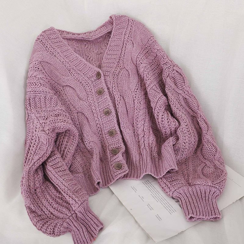 Autumn Winter Women's Cardigan Korean Style The Retro Solid Color V-neck Knitted Cardigan Loose Short Twist Sweater Coats     S2778