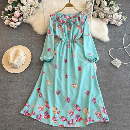 Fashionabal long-sleeved round neck A-line printed dress elegant long skirt     S4252