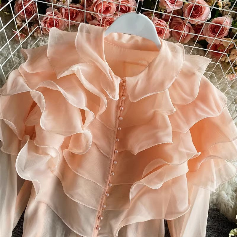 new style layered ruffled organza shirt for women see-through top with bell sleeves      S4234