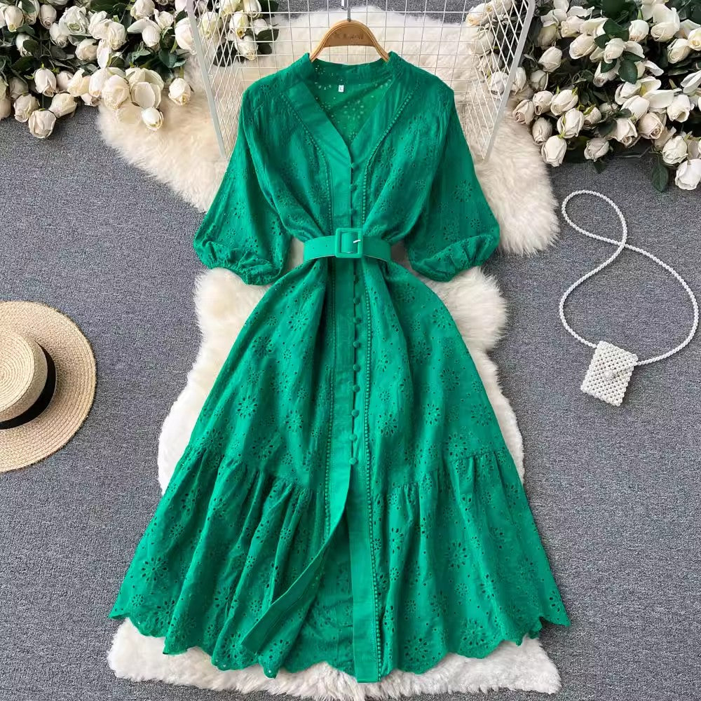 V-neck dress women's puff sleeves ruffle long skirt   S4560