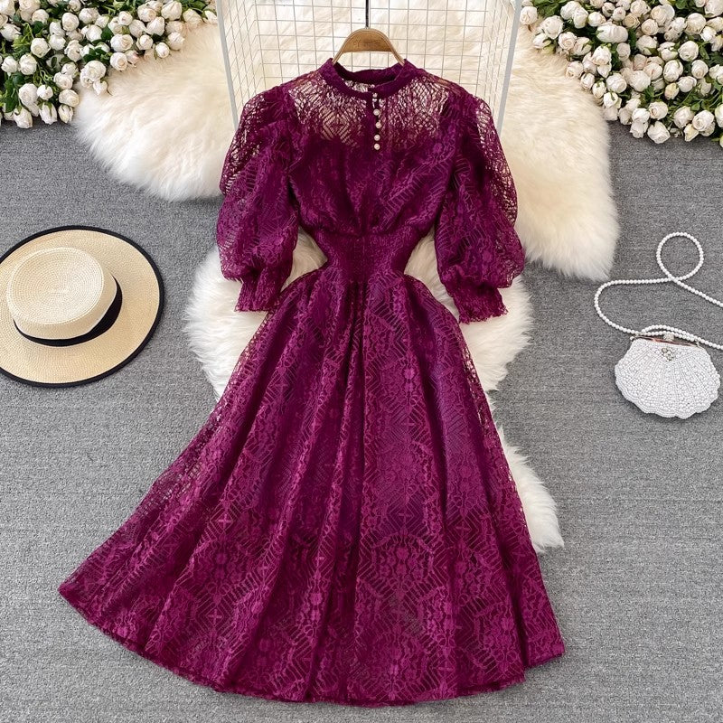 puff sleeve lace dress bohemian long skirt     S4354